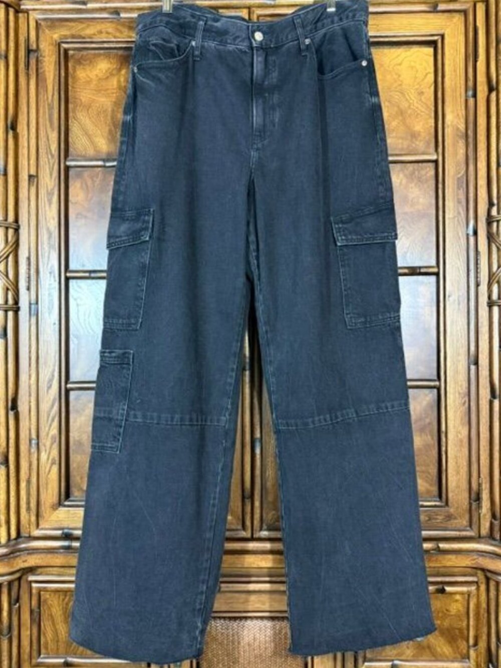 Express Black High Rise Wide Leg Raw Edge Cargo Jean